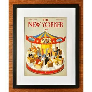 Framed 1991 New Yorker Mag Cover April 8 Kathy Young Merry-go-Round